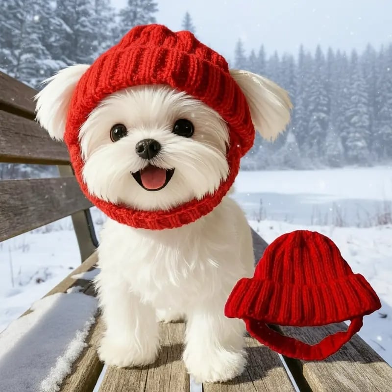 🐾Red Wool Knit Dog Beanie with Ear Flaps – Warm Winter Hat