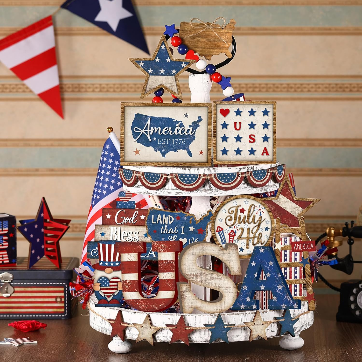 Patriotic Themed Tiered Wooden Tray Decorative Set