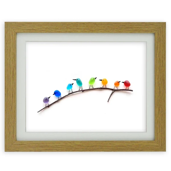 SEA GLASS RAINBOW BIRDS - FRAMED UNIQUE HANDMADE
