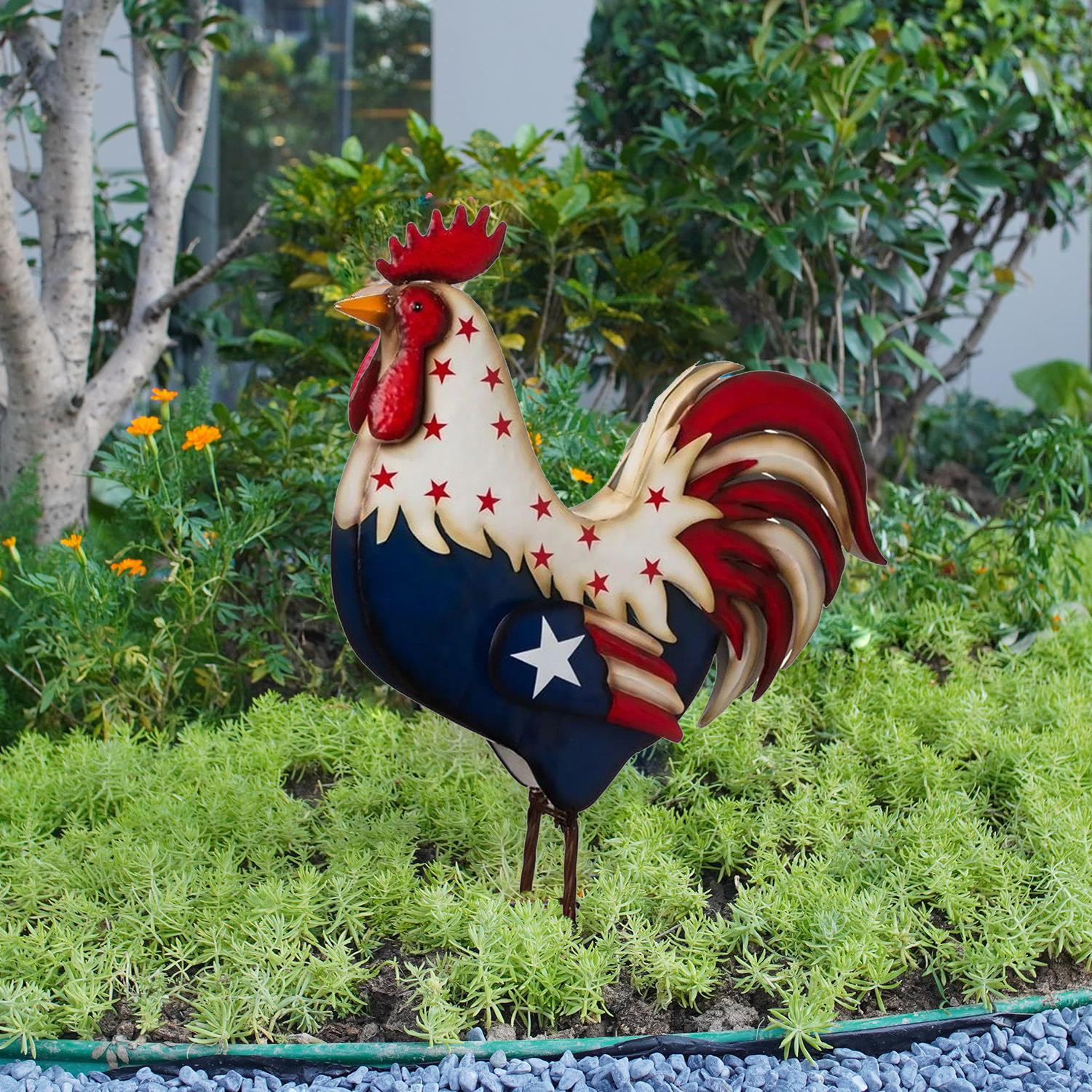 Metal Patriotic Rooster Statue