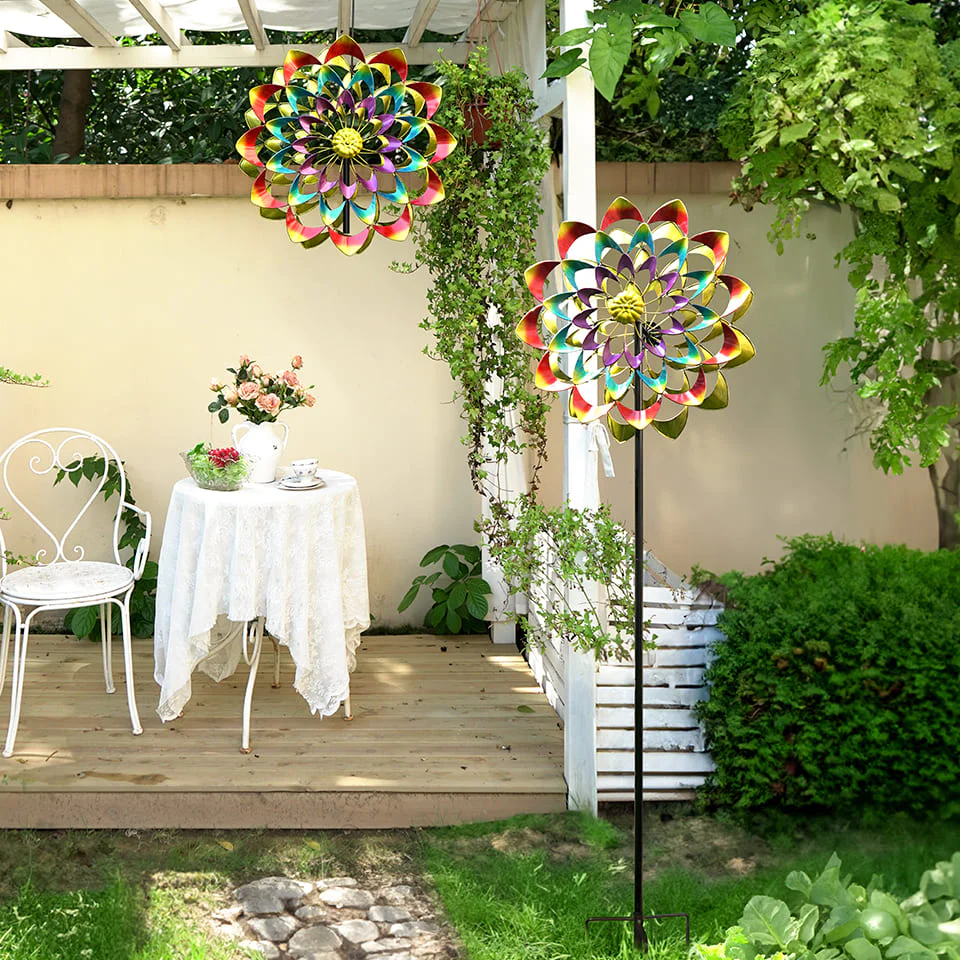 Colorful Dual Zinnia Garden Wind Spinner