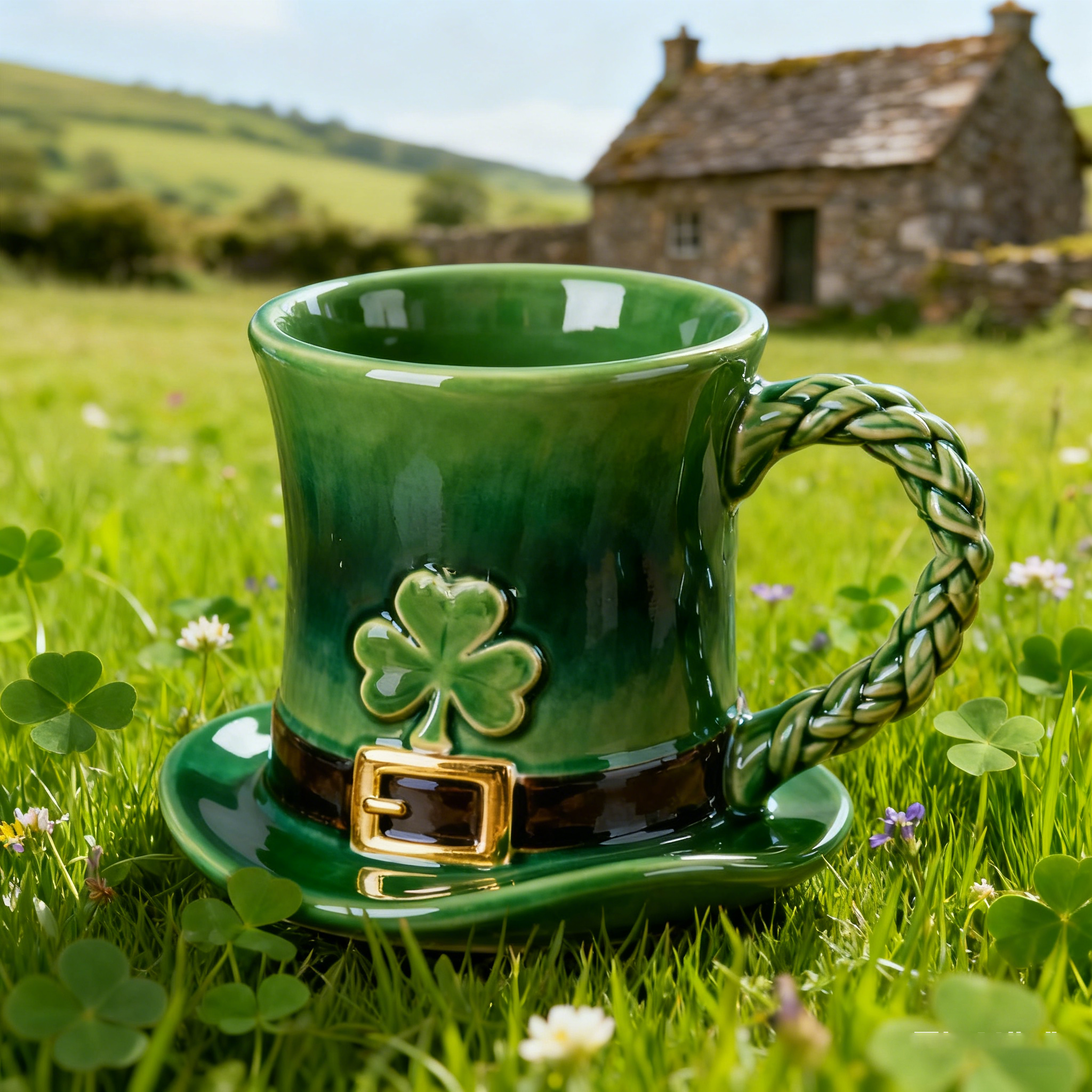 Lucky Shamrock Leprechaun Hat Glass Mug - 11oz Emerald Green Coffee Cup
