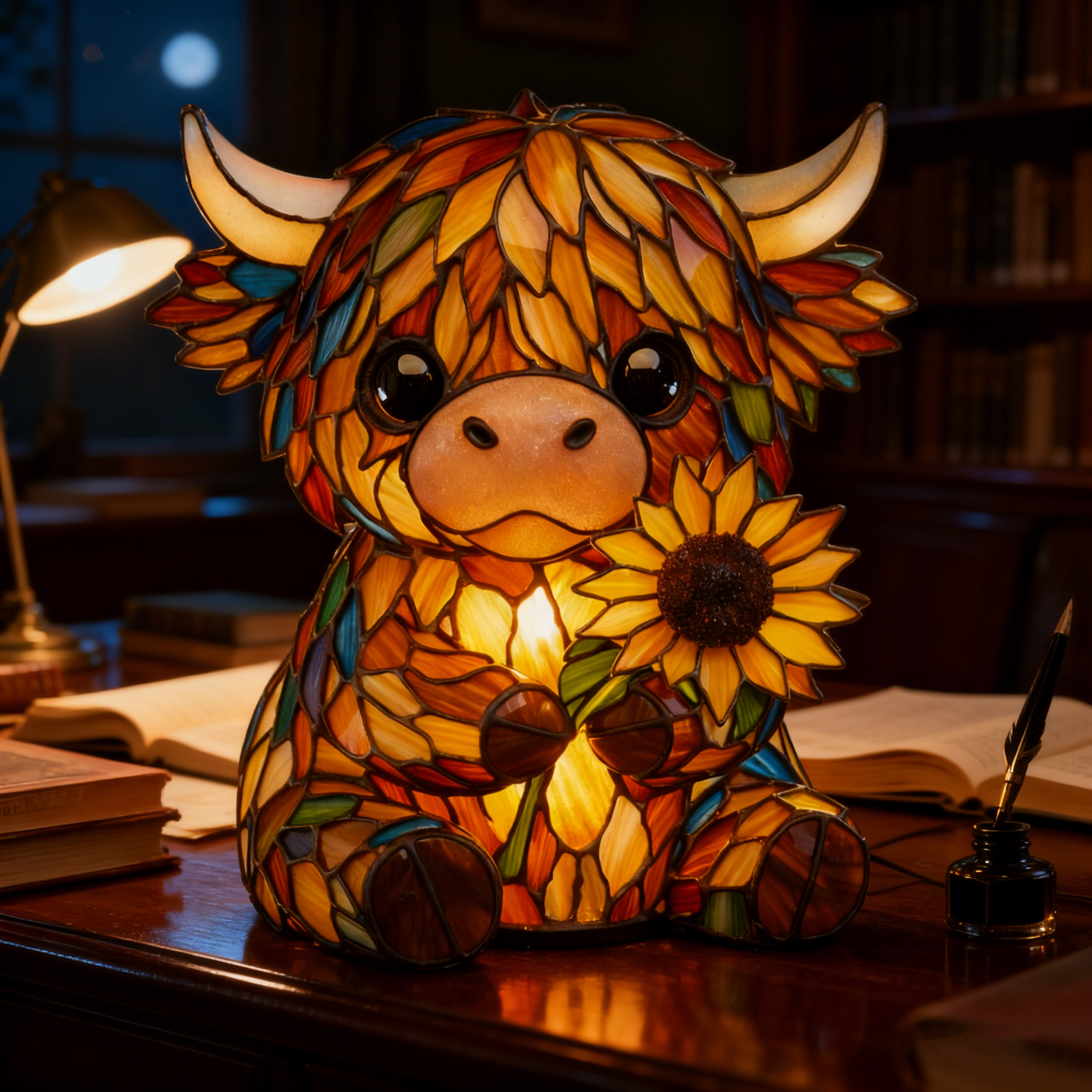 🌻Handcrafted Sunflower Highland Cow Lamp – A Warm Hug🐮✨
