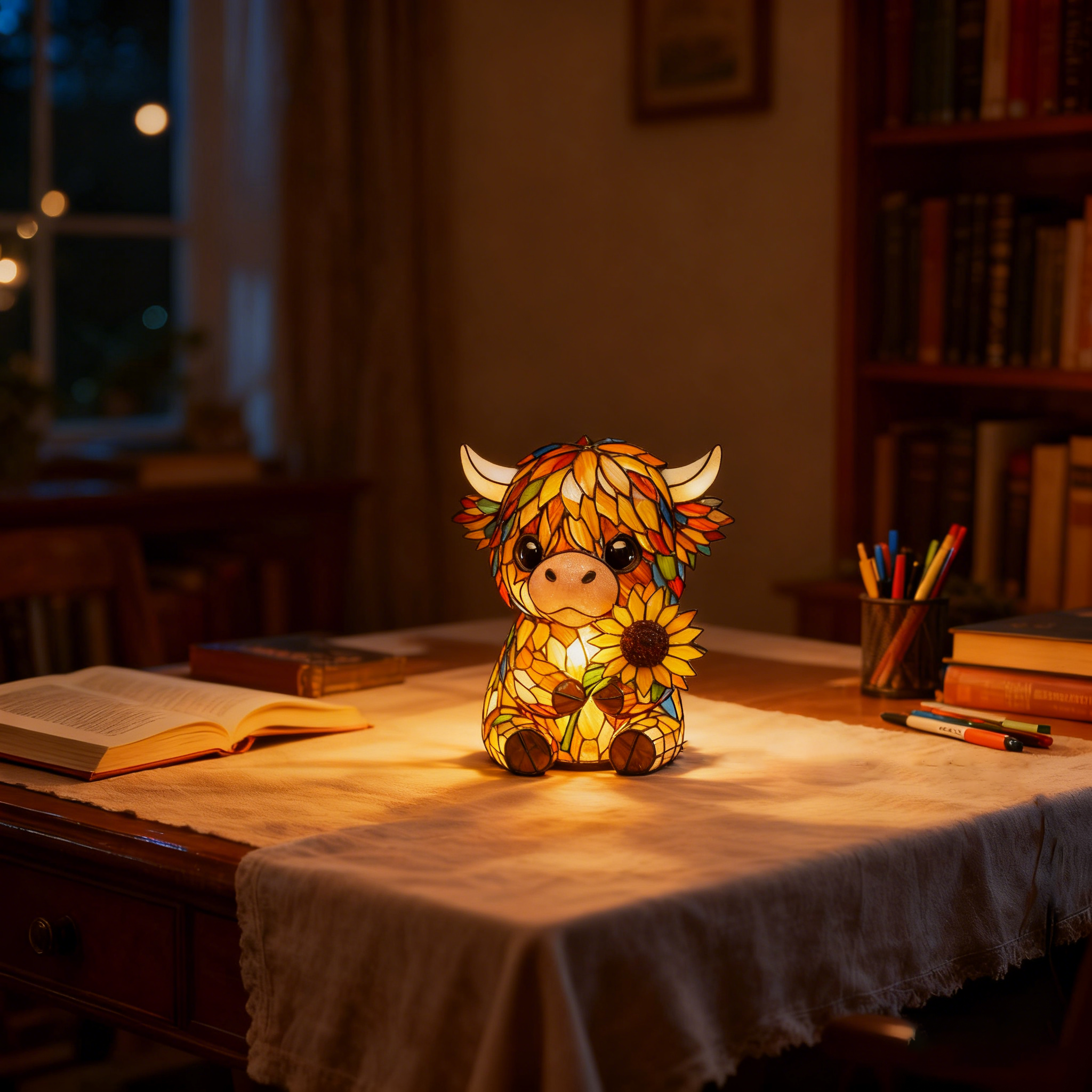 🌻Handcrafted Sunflower Highland Cow Lamp – A Warm Hug🐮✨