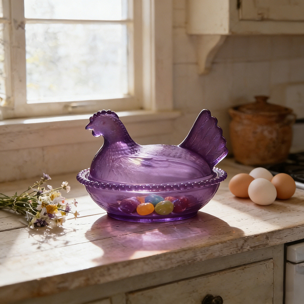 Vintage Pedestal Chicken Shaped Candy Crystal Bowl