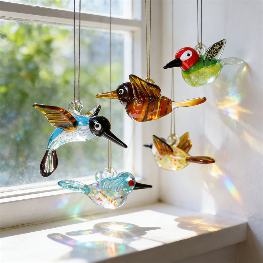 Hand-Blown Colorful Stained Glass Hummingbird Ornaments