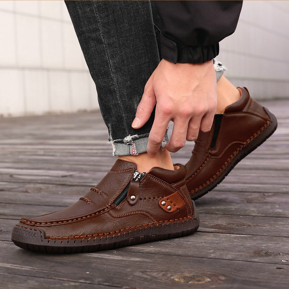 ⏰Limited Time Sale 50% OFF-Men’s Handmade Premium Leather Slip-On Driving Boots – Wide Toe, Arch Support