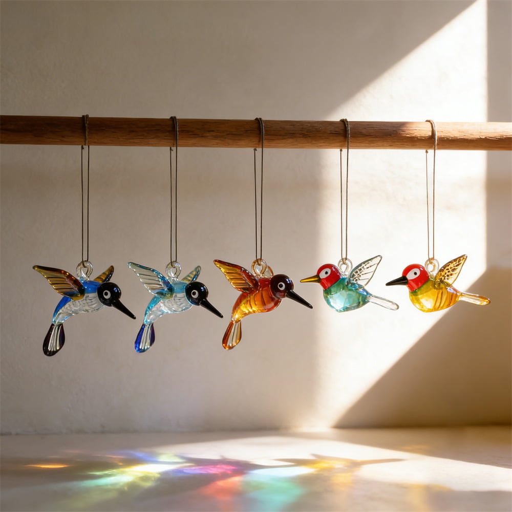 Hand-Blown Colorful Stained Glass Hummingbird Ornaments
