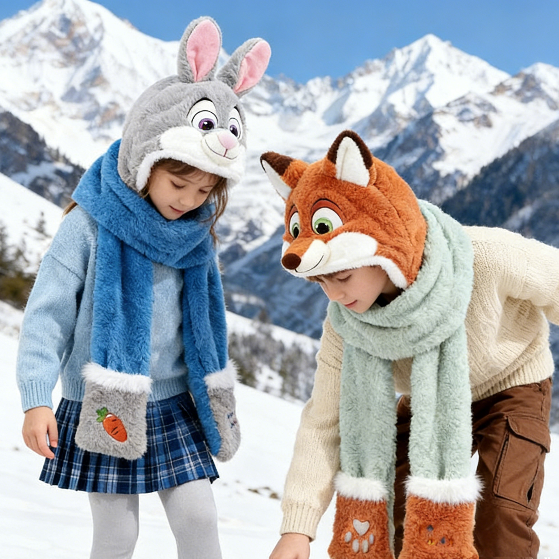 🦊🐰 Kids’ 3-in-1 Plush Winter Set
