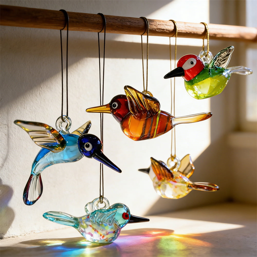 Hand-Blown Colorful Stained Glass Hummingbird Ornaments