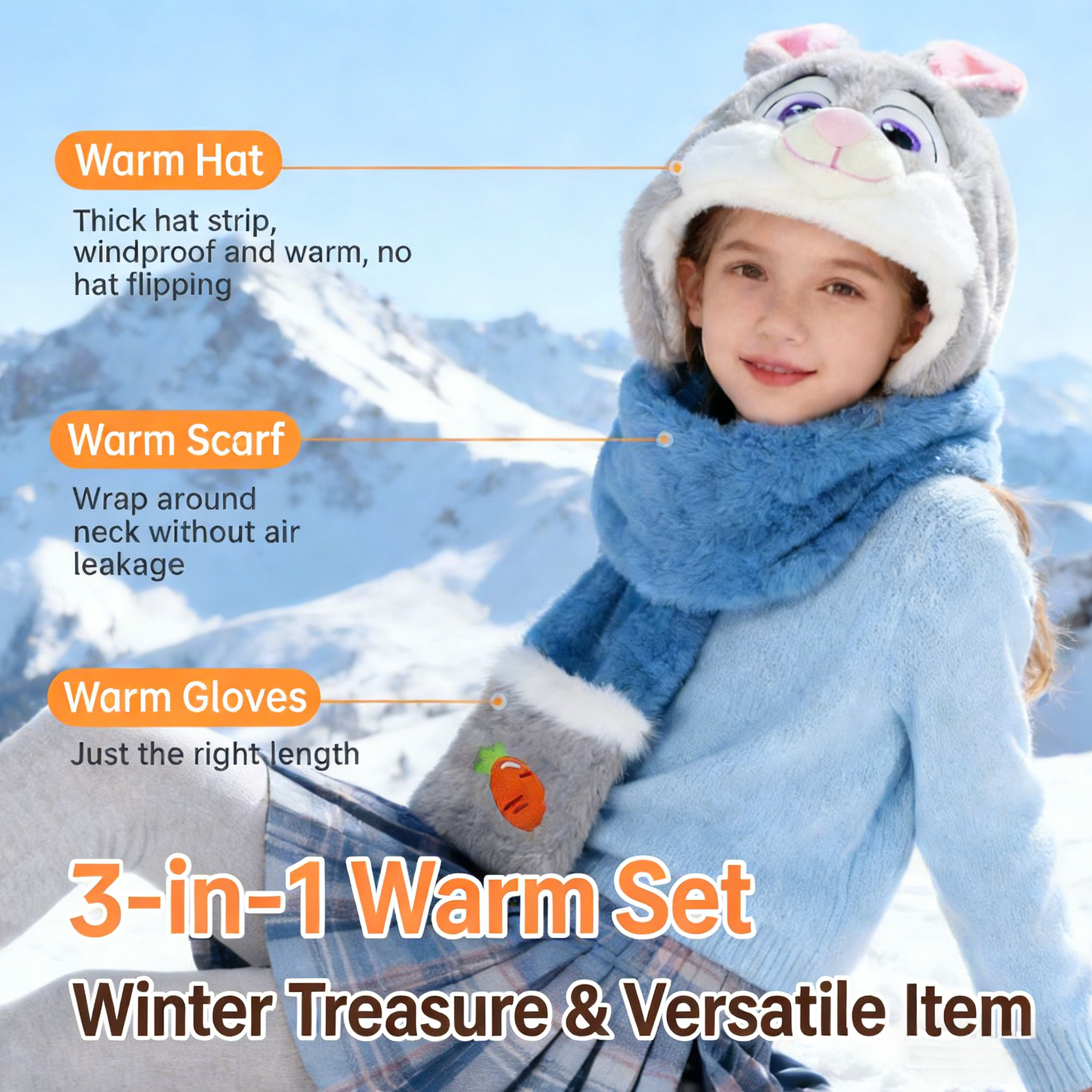 🦊🐰 Kids’ 3-in-1 Plush Winter Set