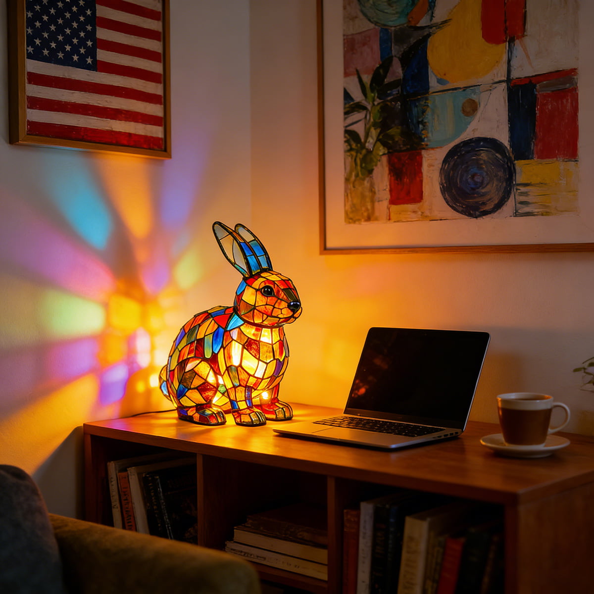 Tiffany Stained Glass Style Forest Bunny Lamp