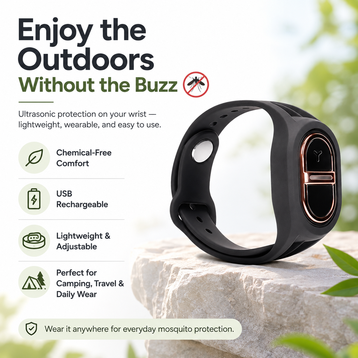 Adjustable ultrasonic mosquito repellent silicone wristband, outdoor bracelet, suitable for both children and adults.