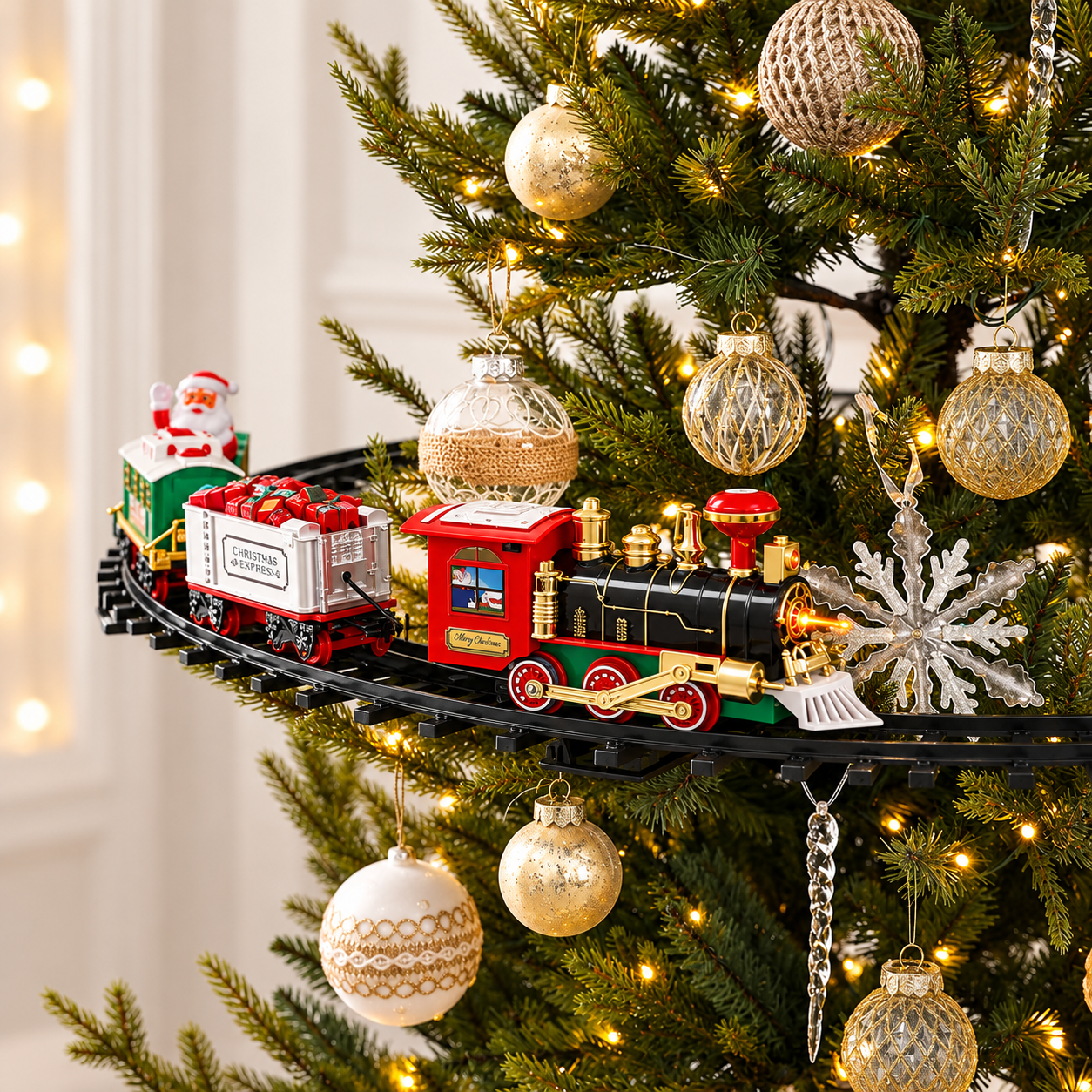 🎄 Christmas Tree Train Set – Rechargeable Santa Express with Lights, Sounds & Realistic Steam