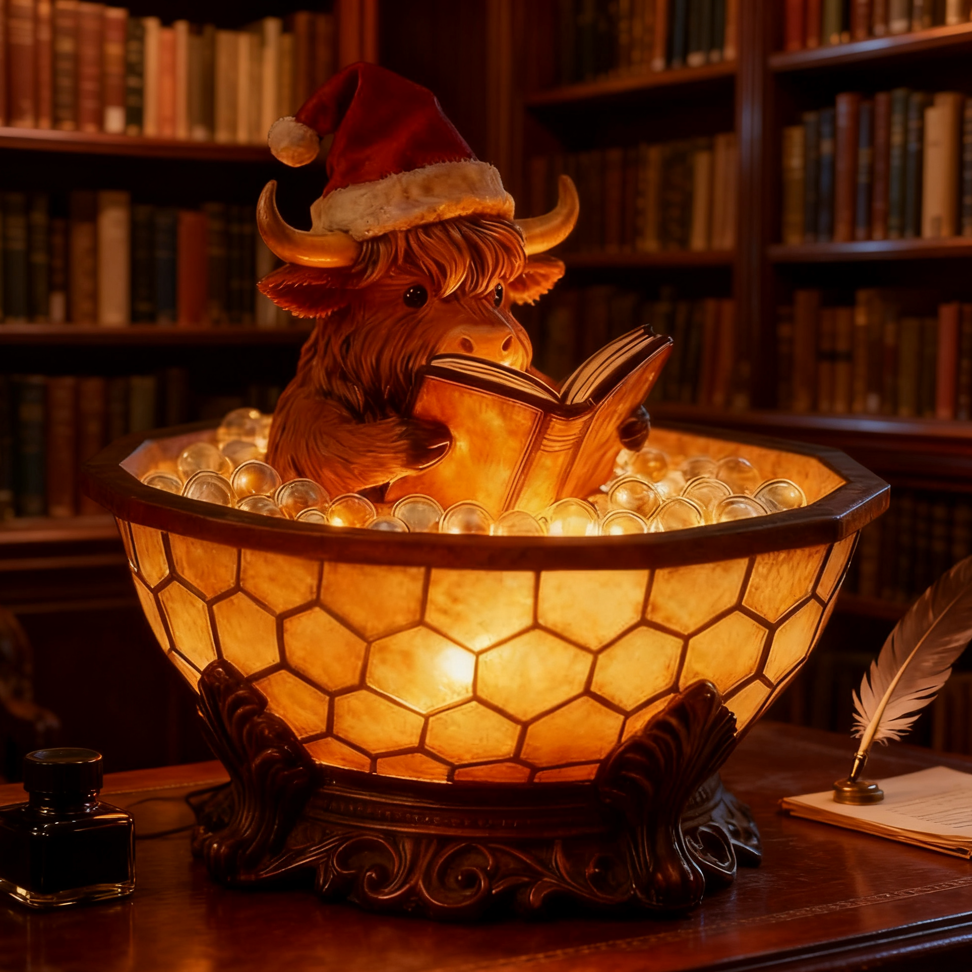 Christmas Highland Cow Reading Bubble Bath Lamp