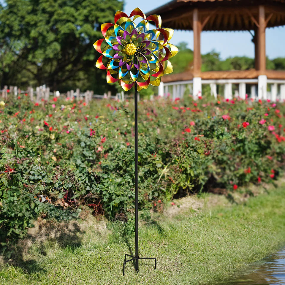 Colorful Dual Zinnia Garden Wind Spinner