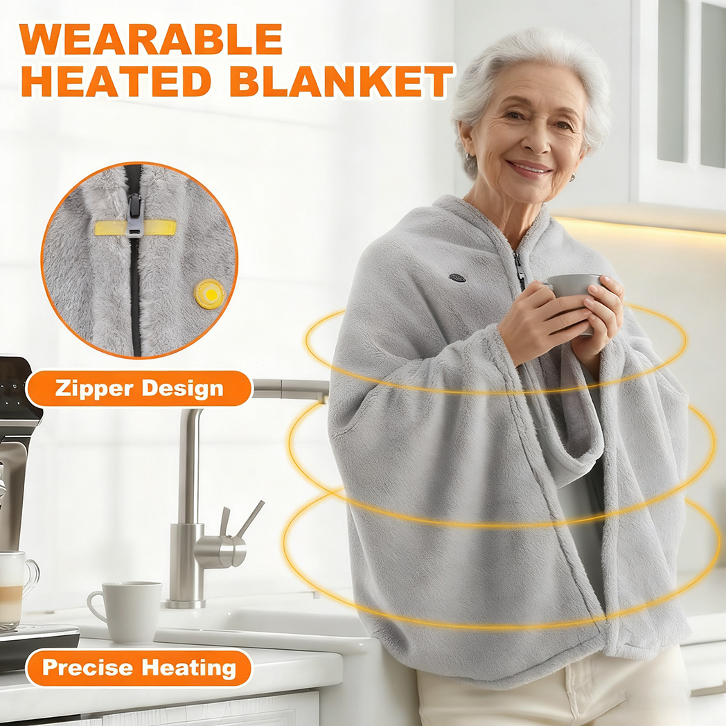 Heated Shawl Poncho Wrap Blanket with Zipper