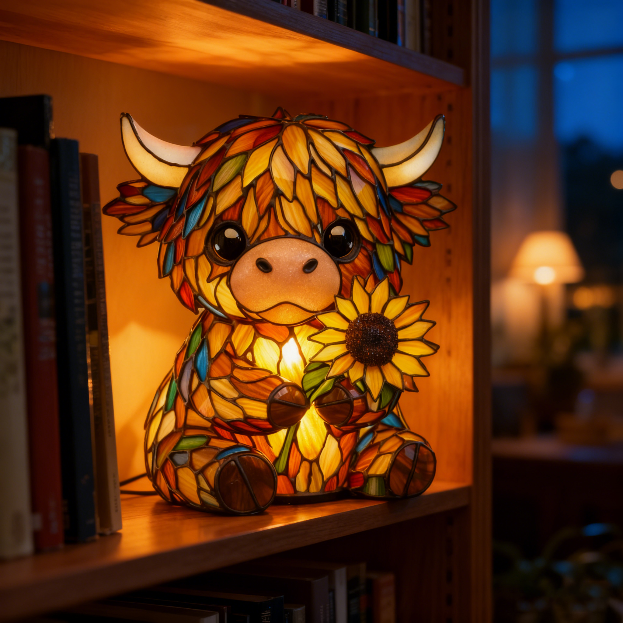 🌻Handcrafted Sunflower Highland Cow Lamp – A Warm Hug🐮✨