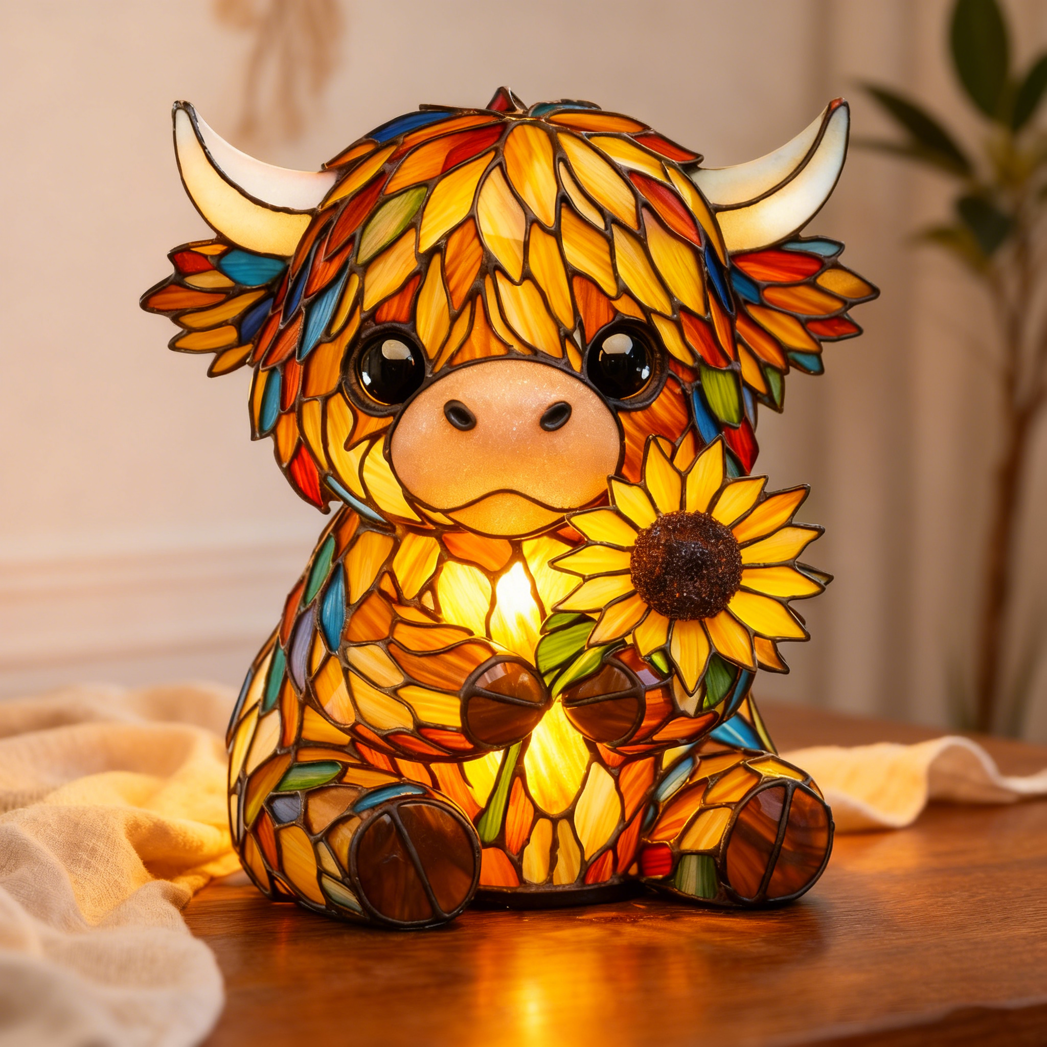 🌻Handcrafted Sunflower Highland Cow Lamp – A Warm Hug🐮✨