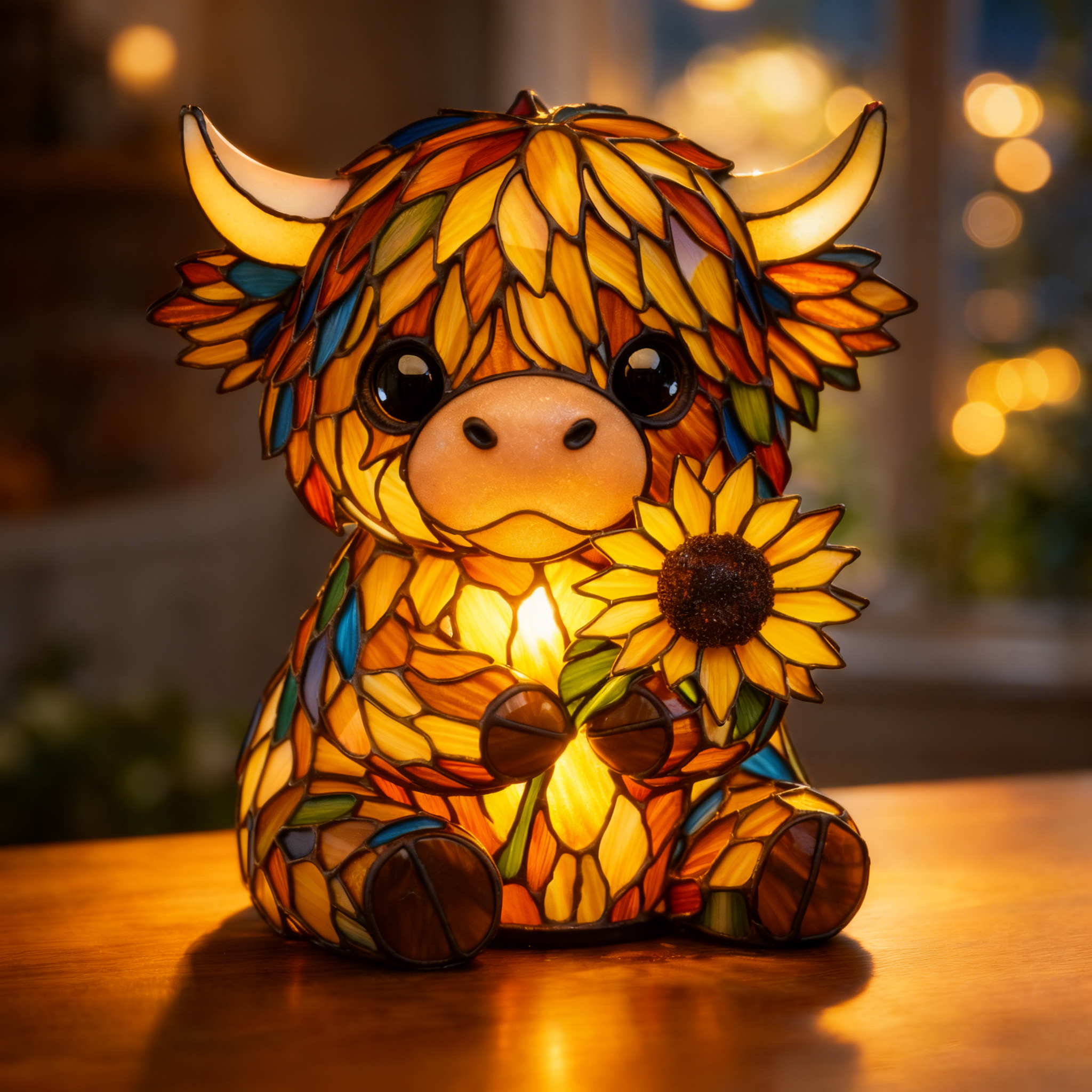 🌻Handcrafted Sunflower Highland Cow Lamp – A Warm Hug🐮✨