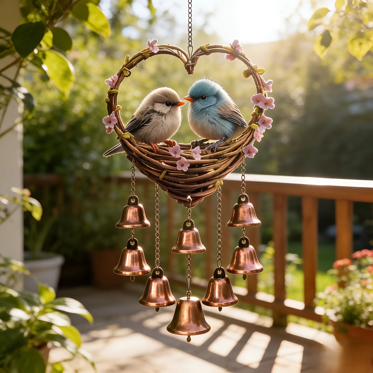 Heart-Shaped Bird & Bell Wind Chime 