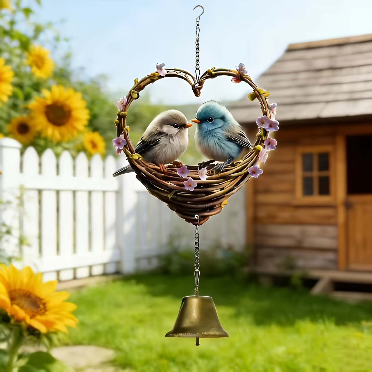 Heart-Shaped Bird & Bell Wind Chime 