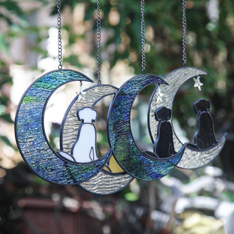 Dog Decor Stained Glass Moon Suncatchers Window Hanging