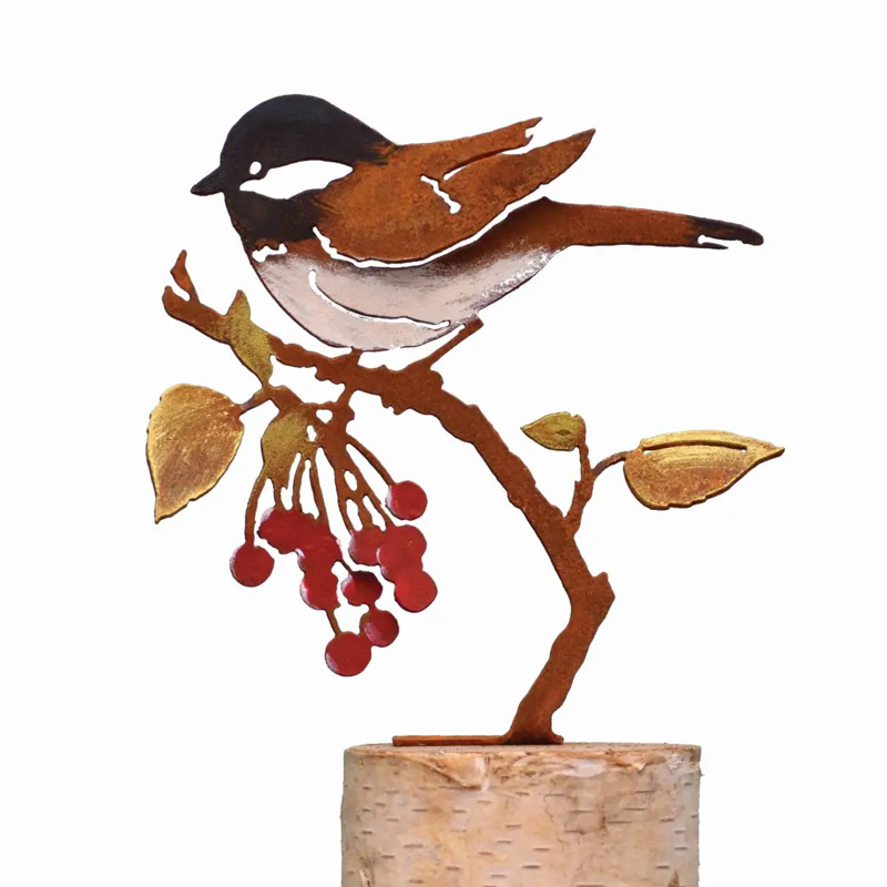 Metal Hand Painted Chickadees and Berries Garden Art