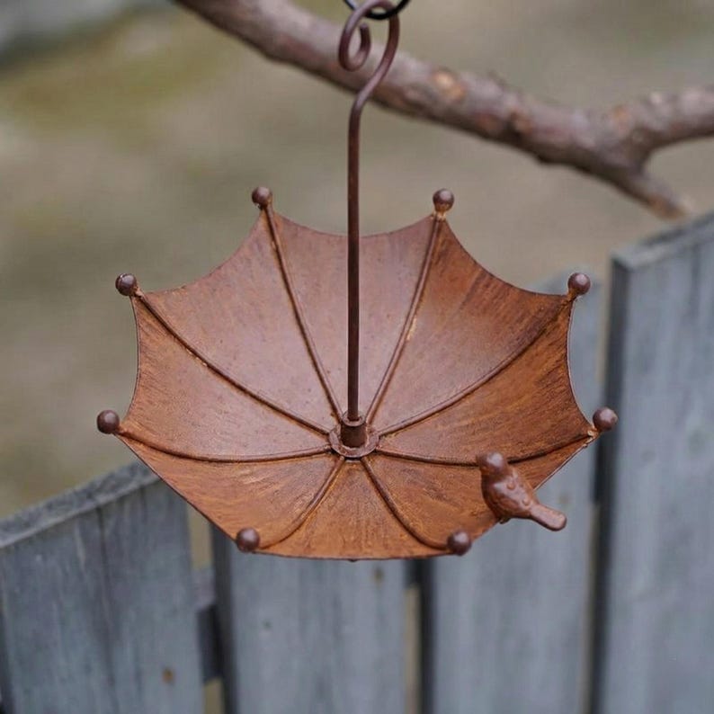 Hanging Umbrella Bird Bath, Bronze Metal Garden Decor