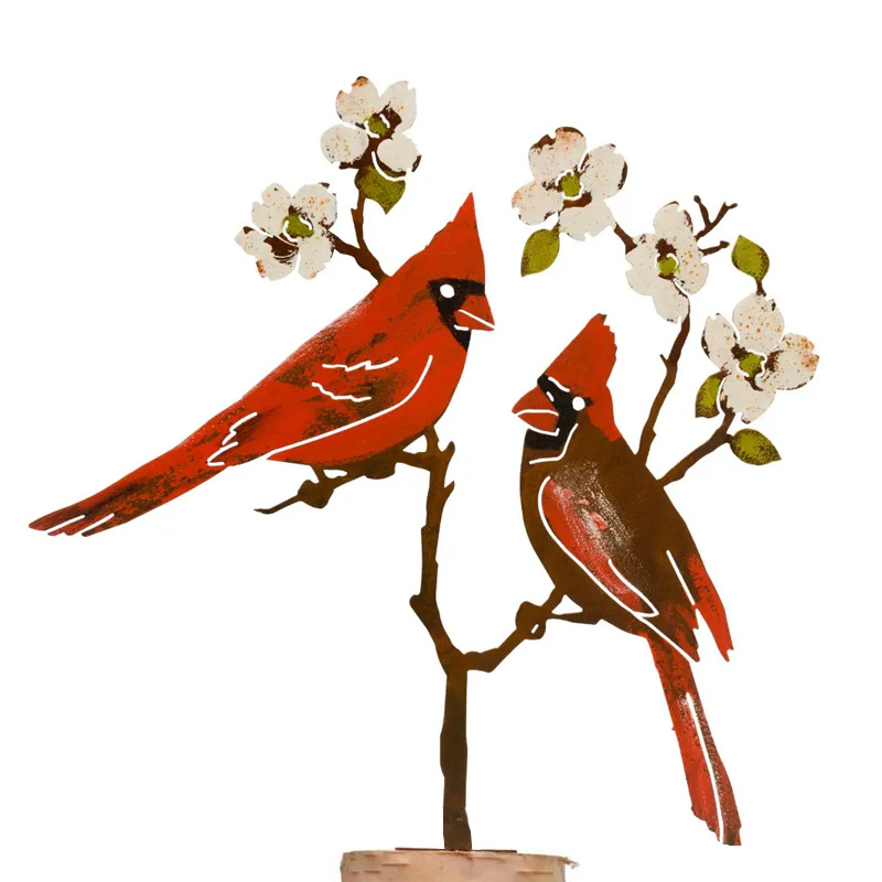 Metal Hand Painted Chickadees and Berries Garden Art