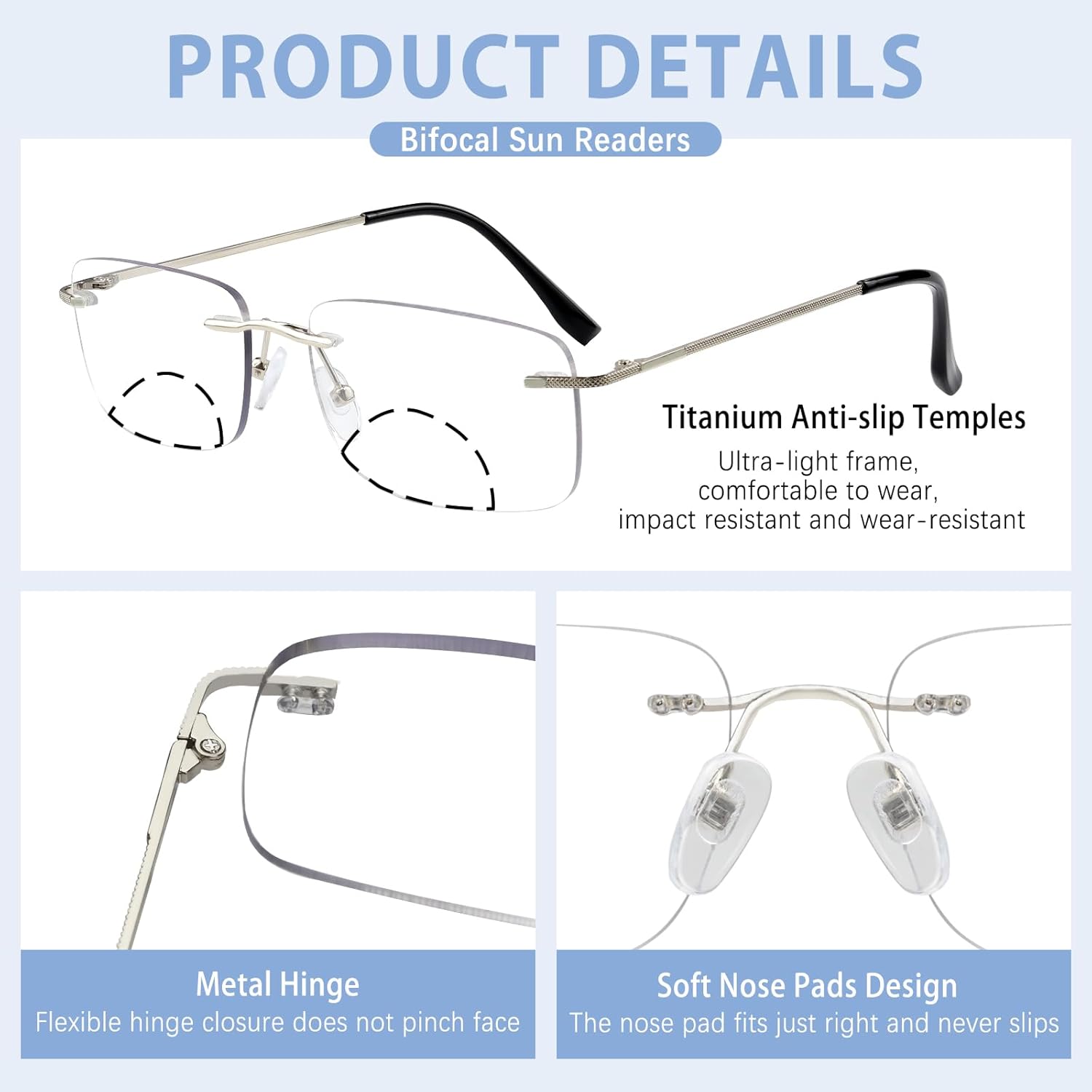 Rimless Bifocal Photochromic Reading Glasses