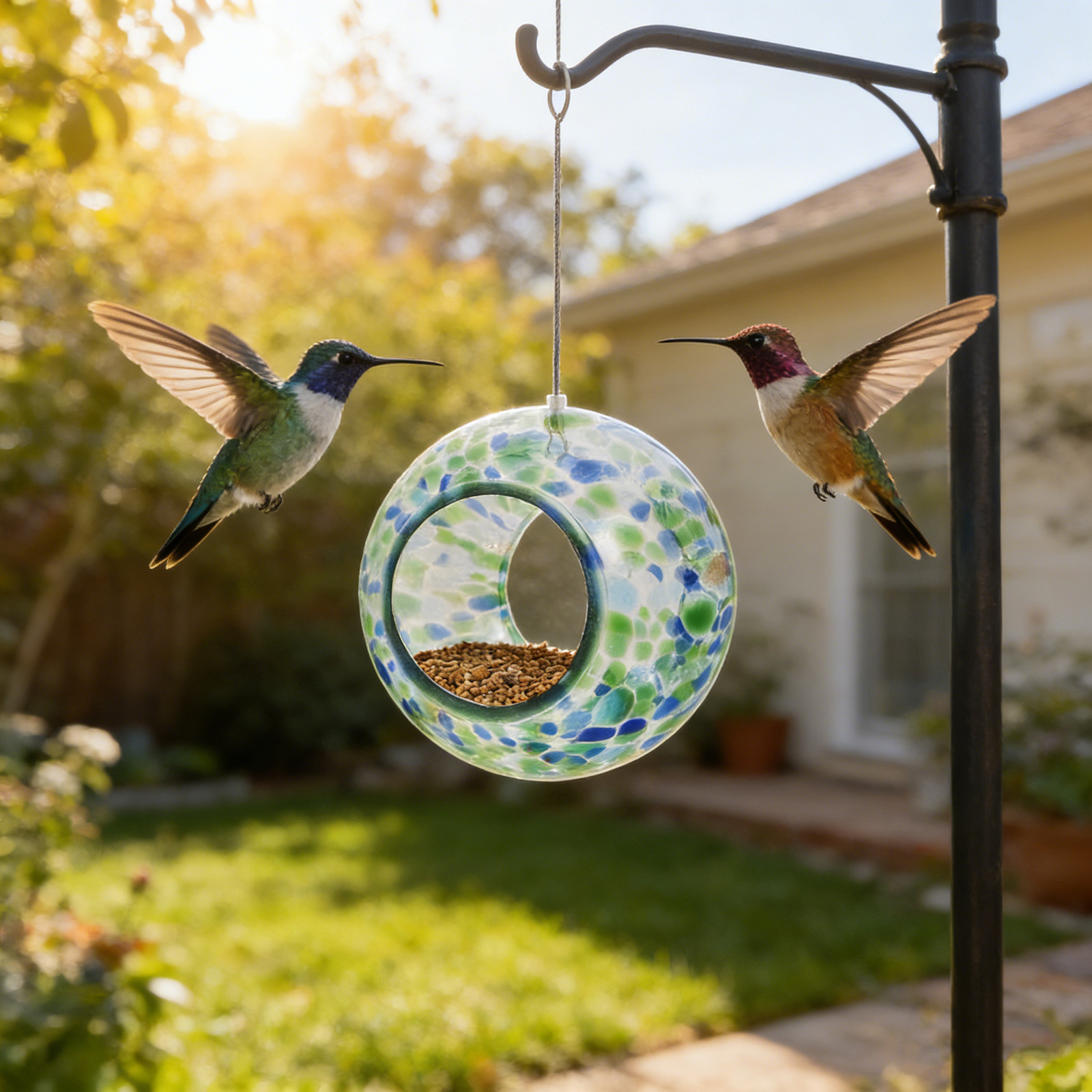 🌈 Handcrafted Glass Hummingbird Feeder – Colorful Garden Accent 🐦✨
