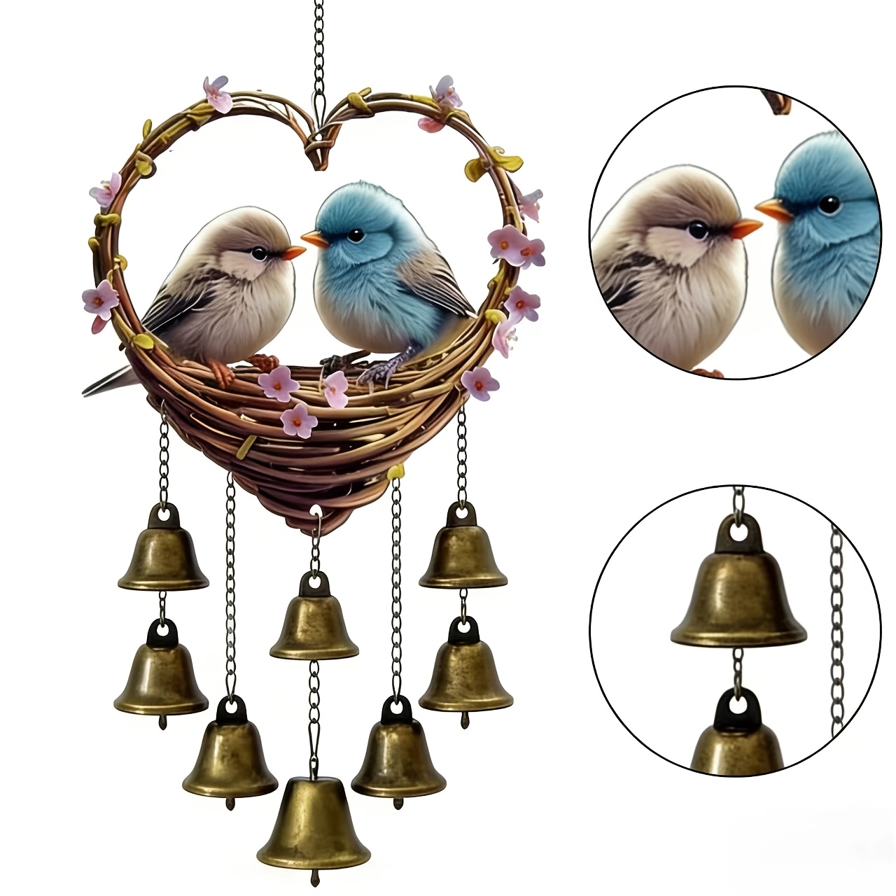 Heart-Shaped Bird & Bell Wind Chime 