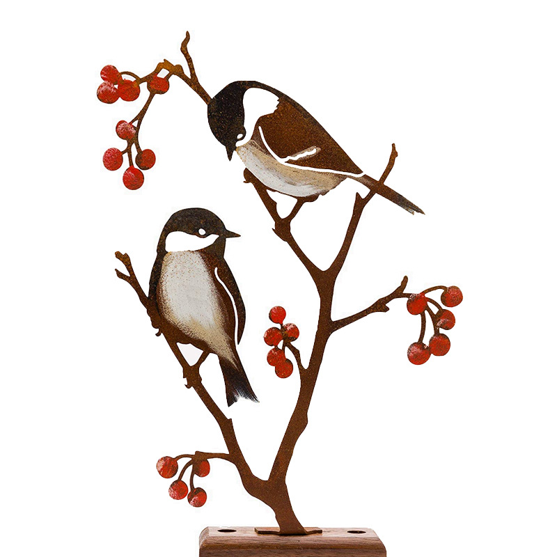 Metal Hand Painted Chickadees and Berries Garden Art