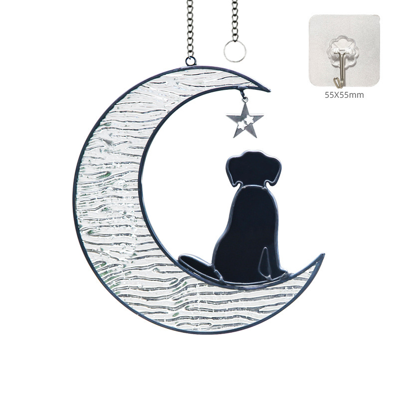 Dog Decor Stained Glass Moon Suncatchers Window Hanging