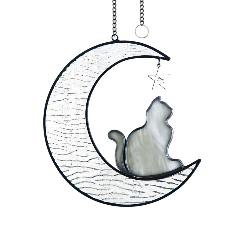 Cat on Moon Stained Glass Window Hangings Sun Catcher