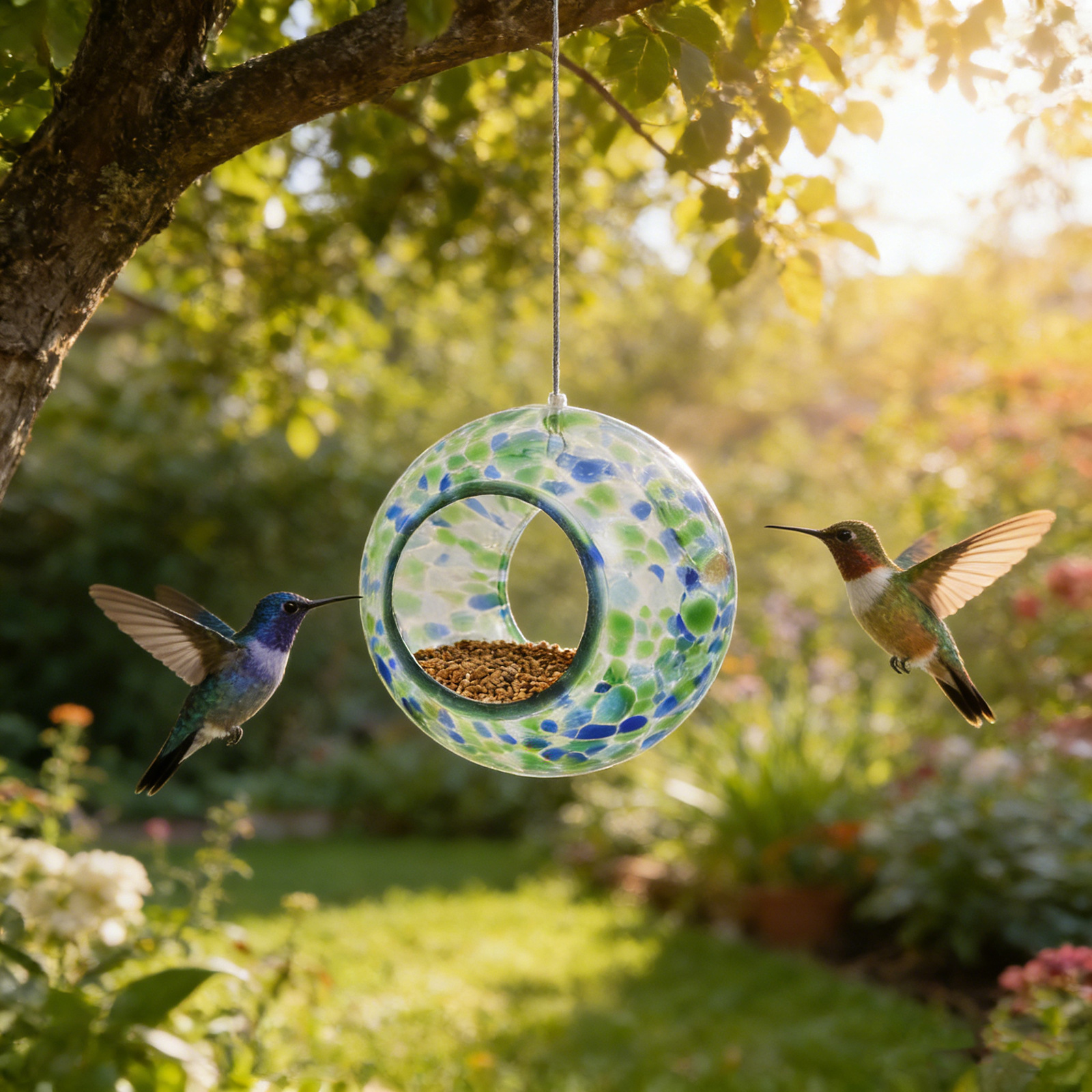🌈 Handcrafted Glass Hummingbird Feeder – Colorful Garden Accent 🐦✨