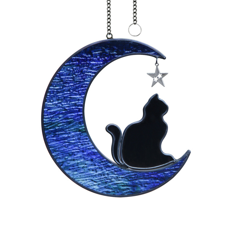 Cat on Moon Stained Glass Window Hangings Sun Catcher