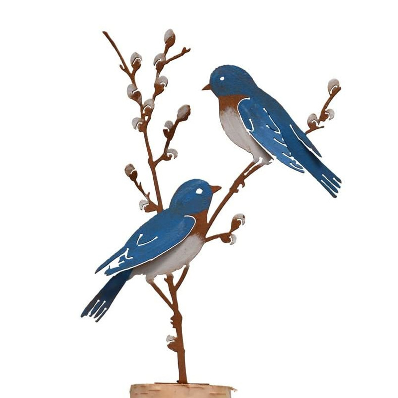 Metal Hand Painted Chickadees and Berries Garden Art