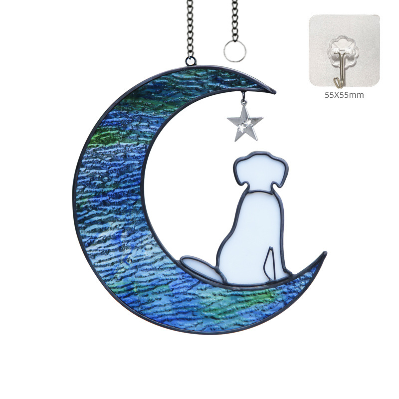 Dog Decor Stained Glass Moon Suncatchers Window Hanging