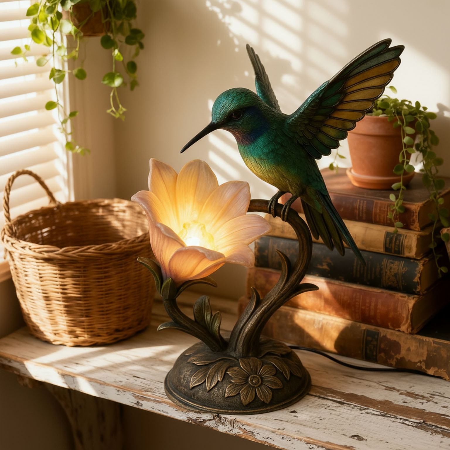 “Messenger of Light” – 💚Handcrafted Hummingbird Flower Lamp✨