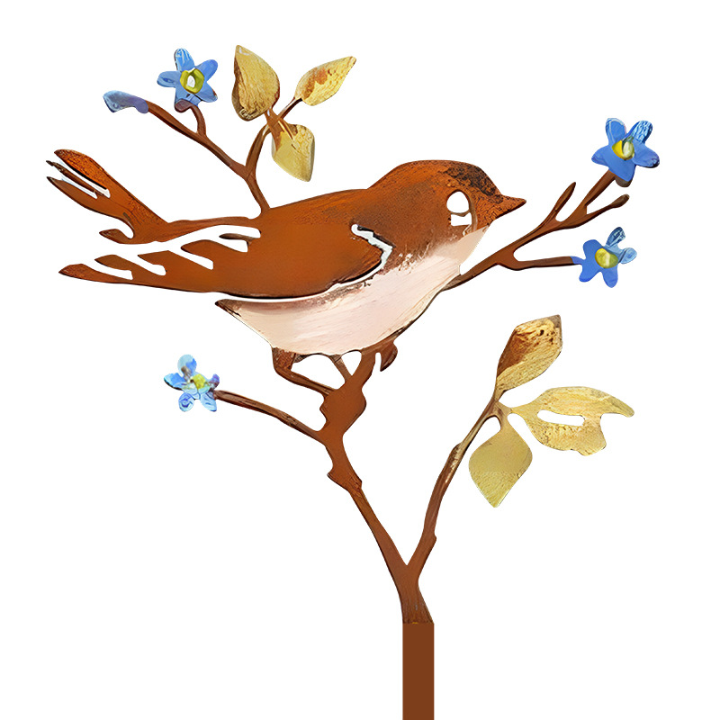 Metal Hand Painted Chickadees and Berries Garden Art