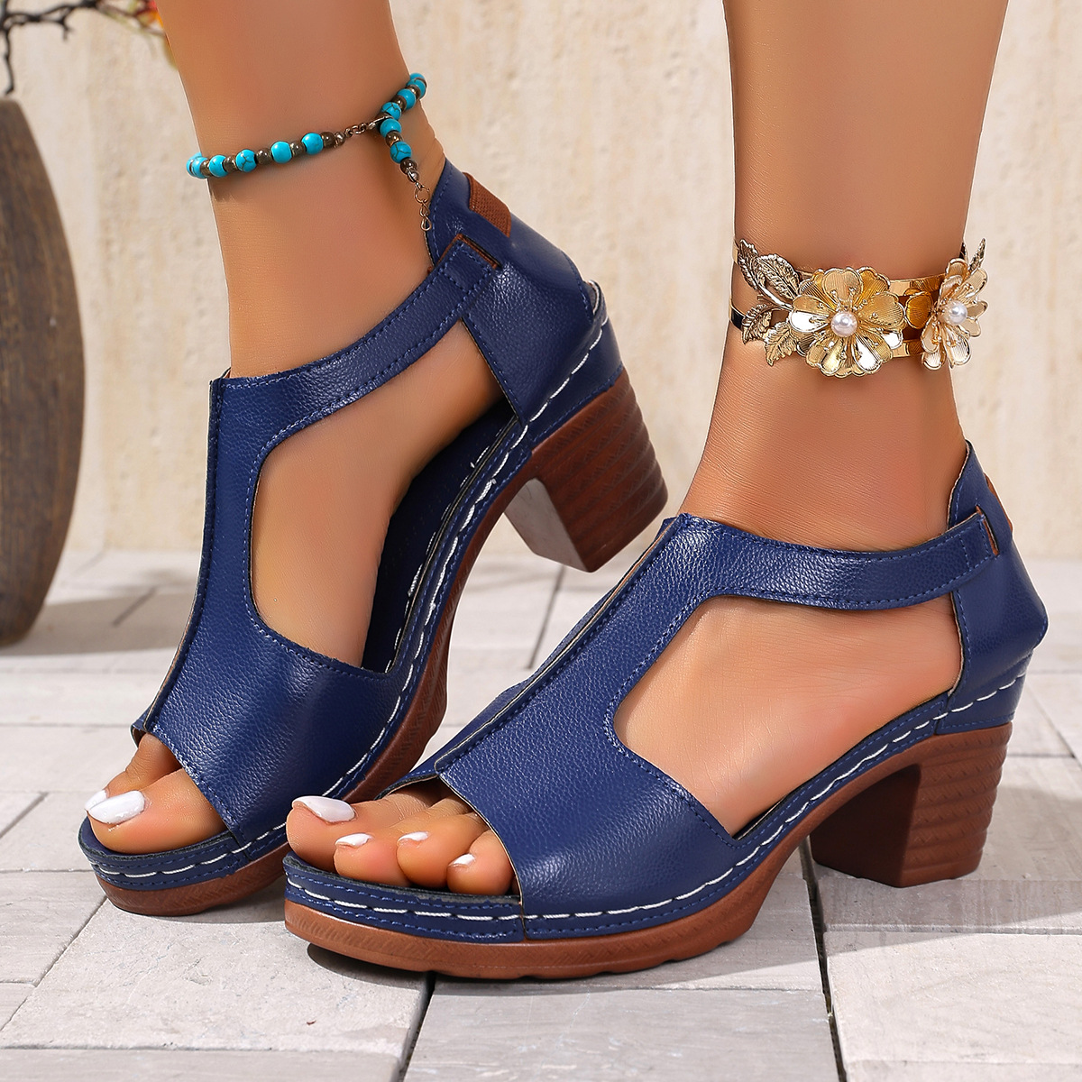 Trendy Leather Peep Toe Chunky High Heel Dressy Sandals