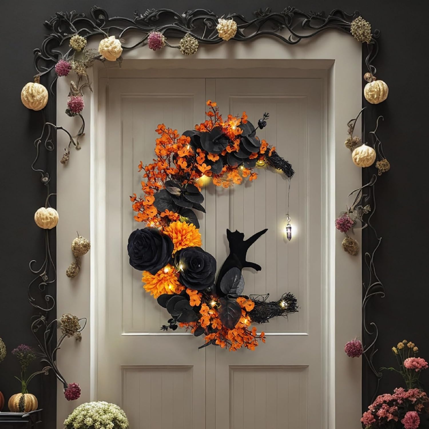 Halloween Front Door Moon Black Cat Rose Wreath With Lights