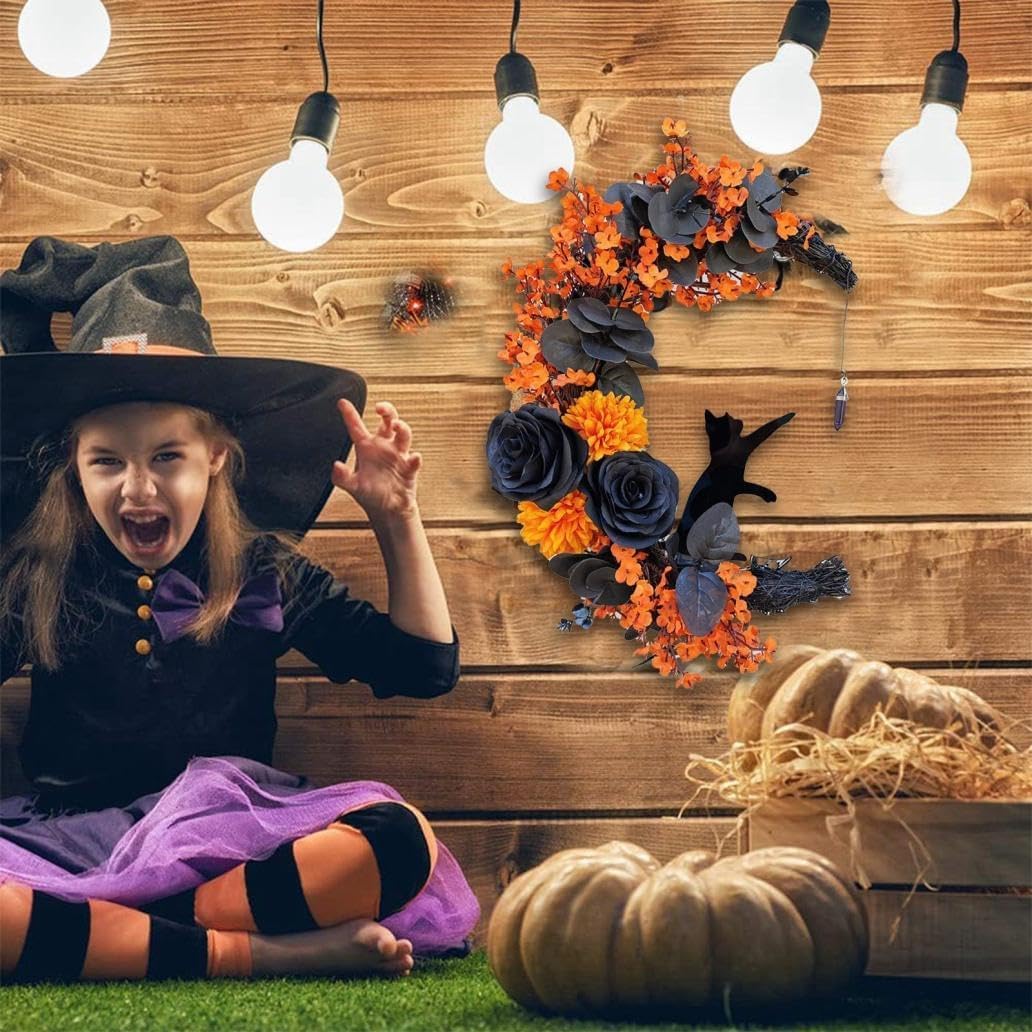 Halloween Front Door Moon Black Cat Rose Wreath With Lights