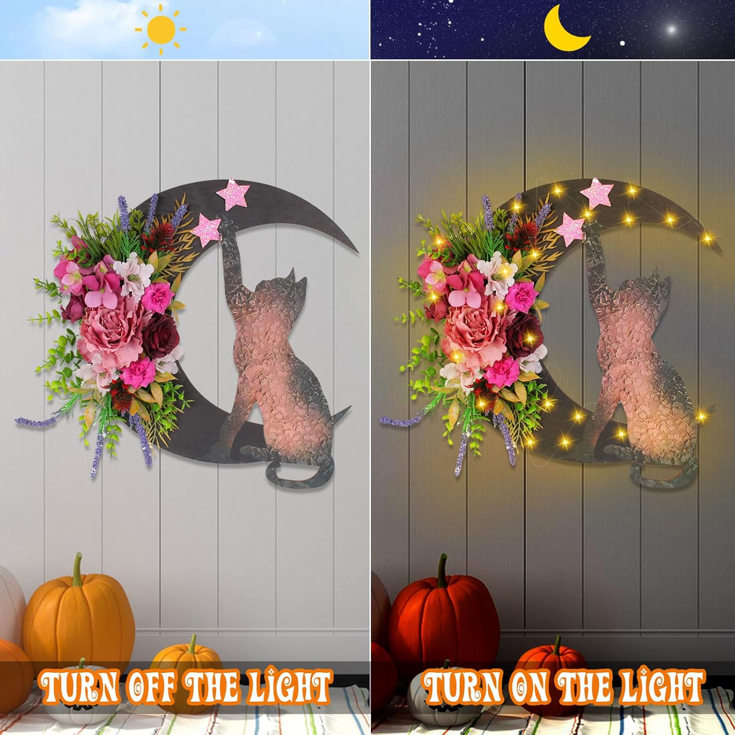 Halloween Front Door Moon Black Cat Rose Wreath With Lights