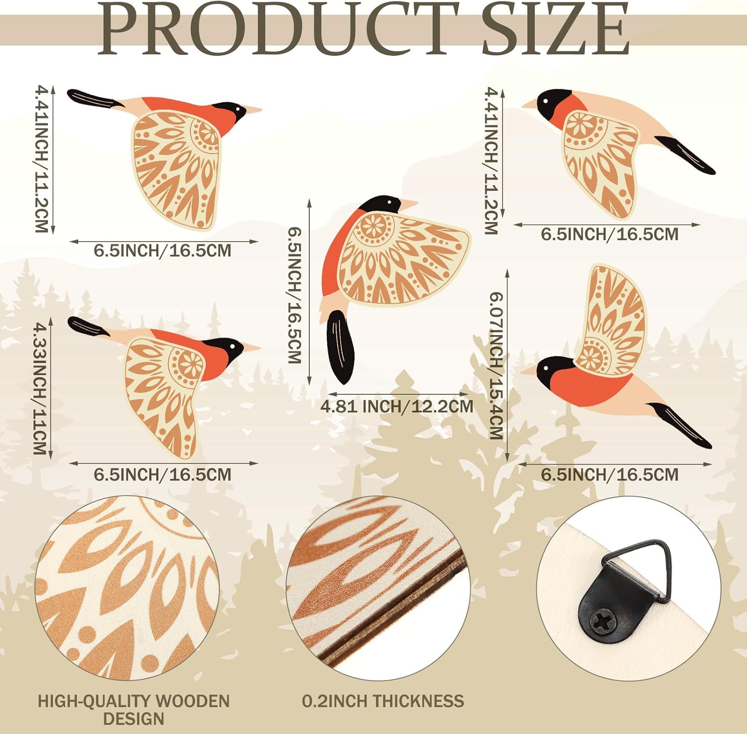 5 Pcs Wooden Bird Wall Art