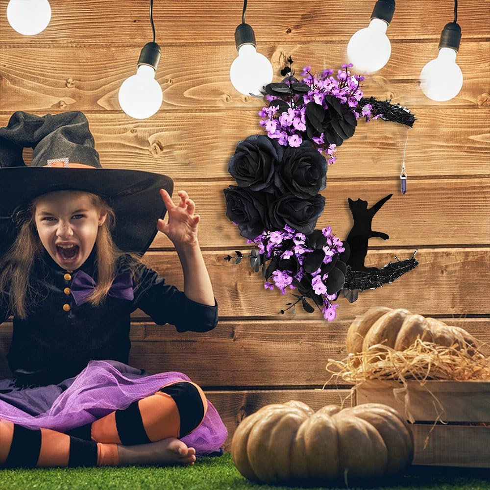 Halloween Front Door Moon Black Cat Rose Wreath With Lights