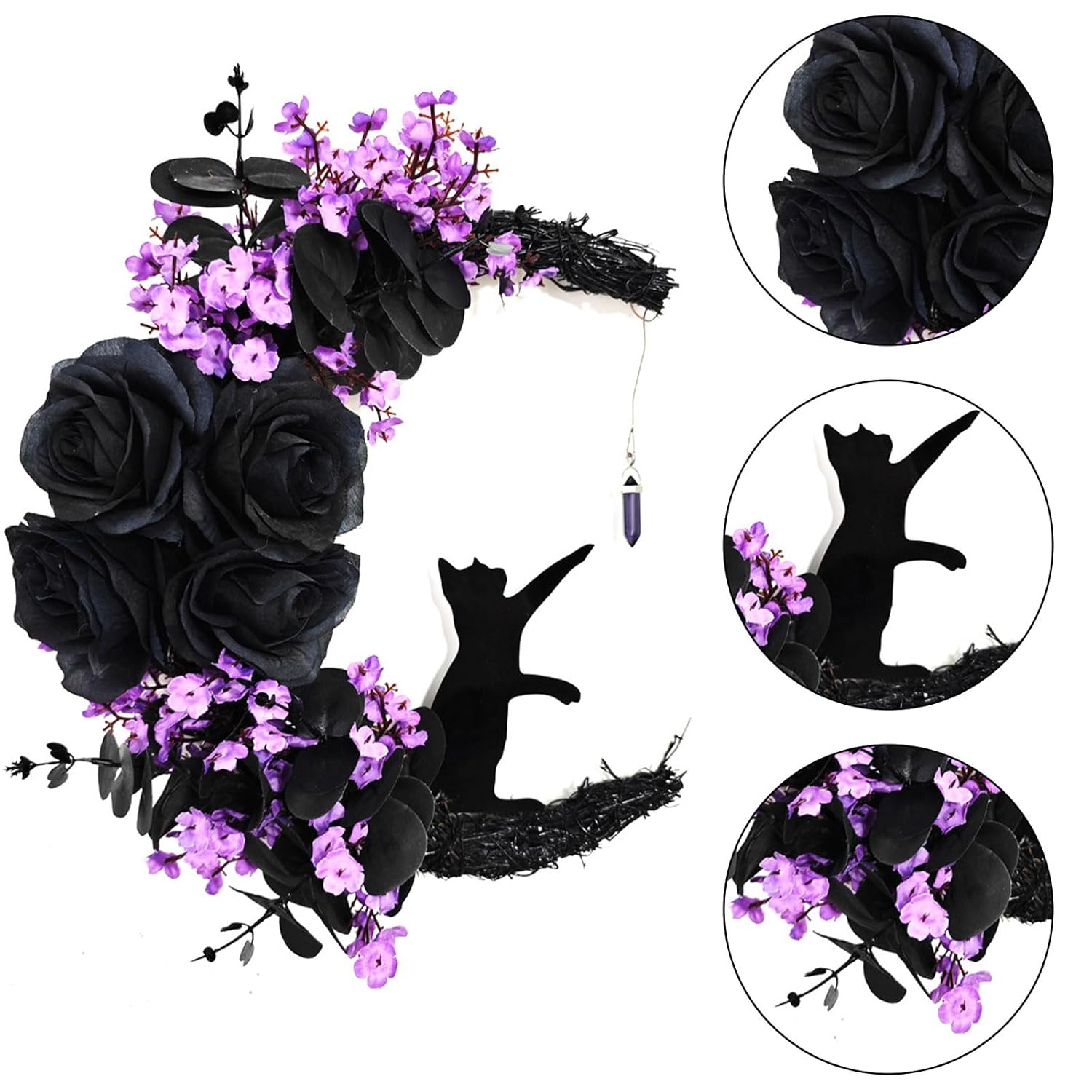 Halloween Front Door Moon Black Cat Rose Wreath With Lights