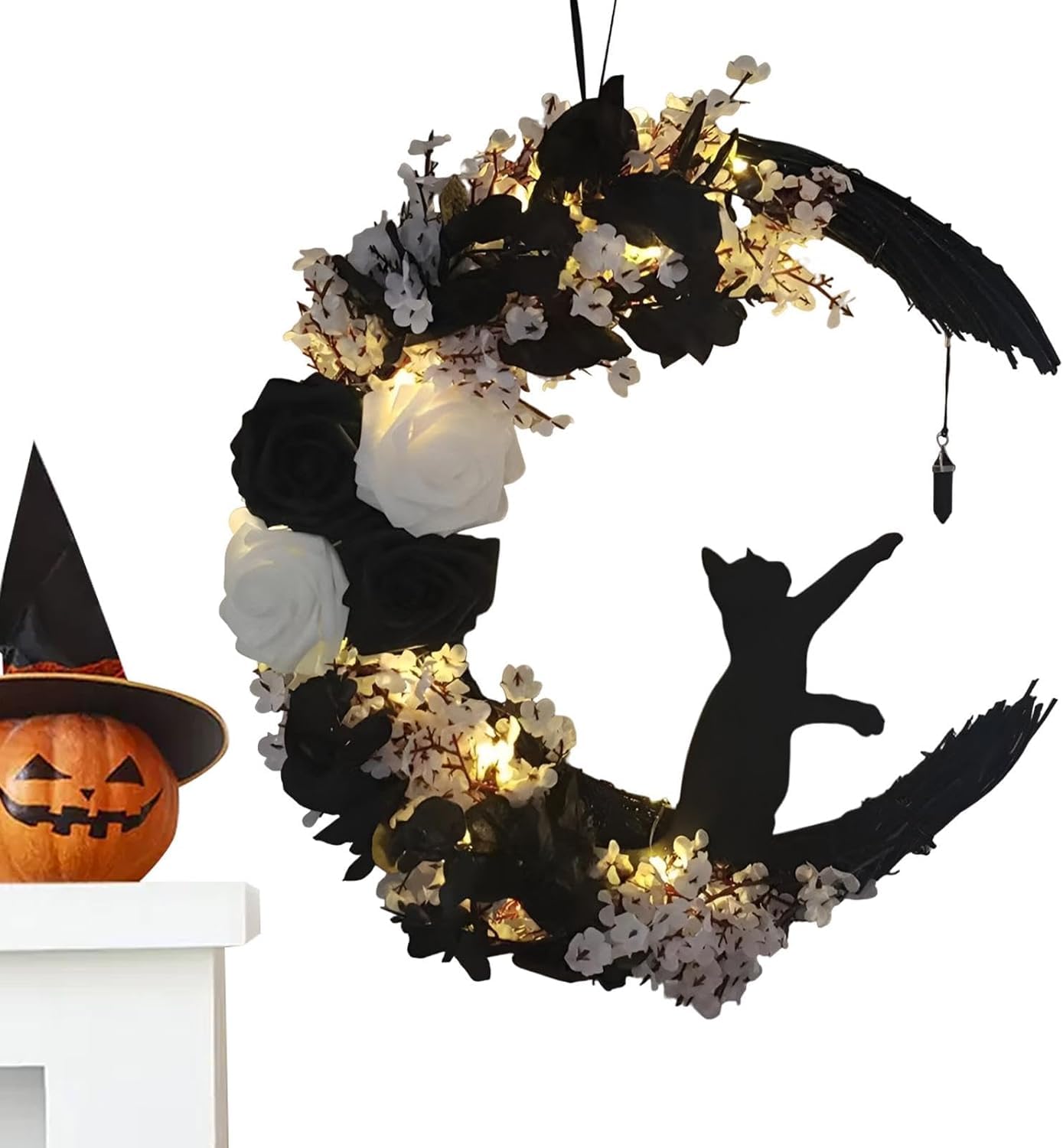 Halloween Front Door Moon Black Cat Rose Wreath With Lights